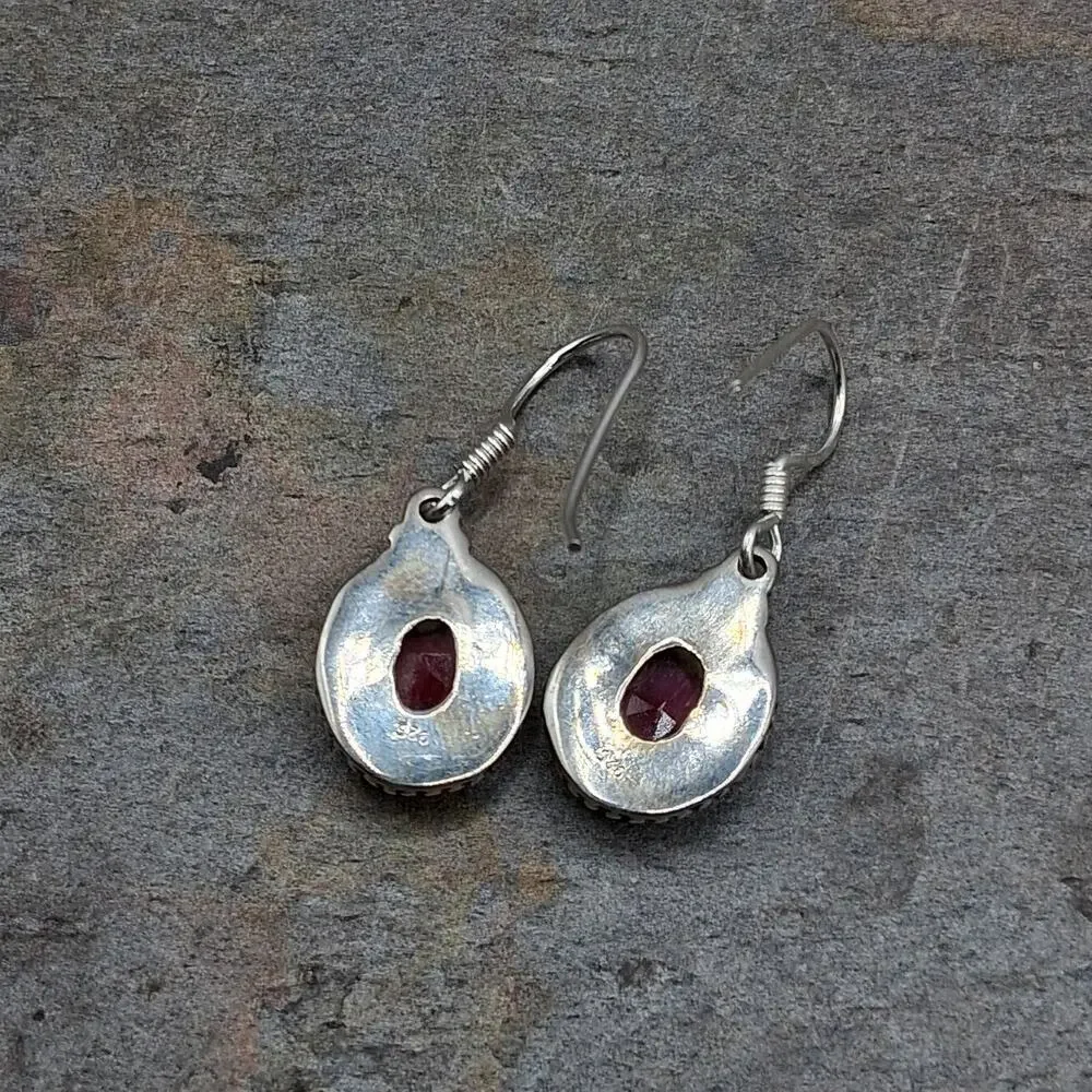 Sterling Silver Ruby Dangle Earrings 925 Bali Style Red Stone 1.25